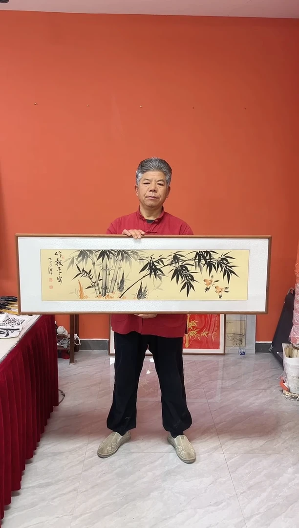 书法张富民手绘作品/竹报平安/122*40/古宣（（乌檀木外框）