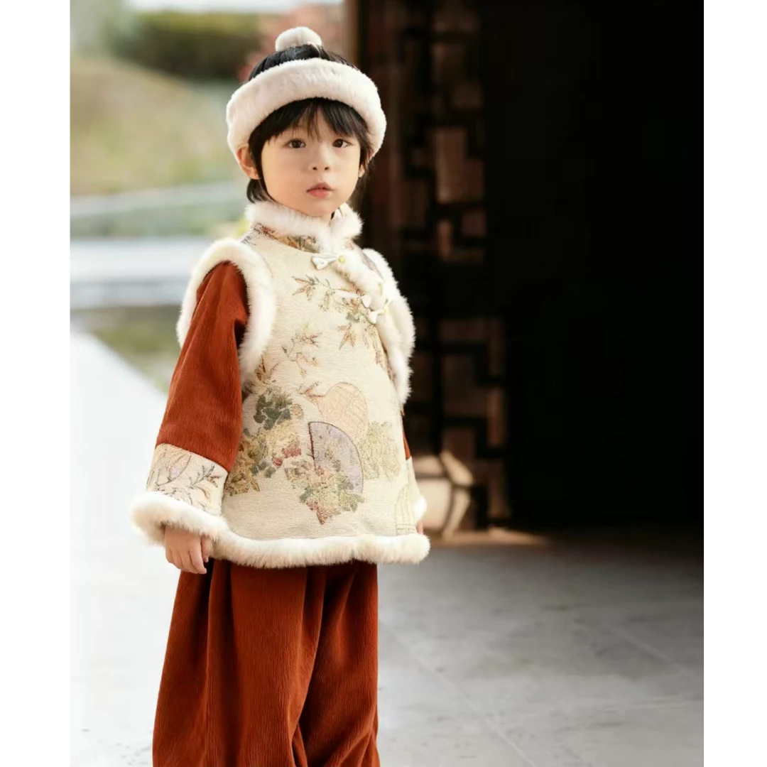 【画屏】男童中国风拜年服新中式棉服加绒加厚汉服套装