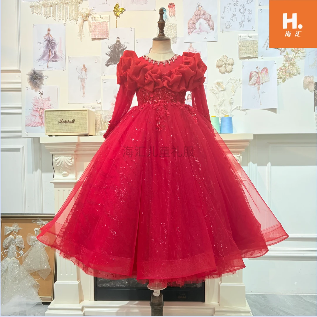 红色秋冬长袖儿童礼服工厂女童女孩主持人礼服齐地显瘦高腰演讲