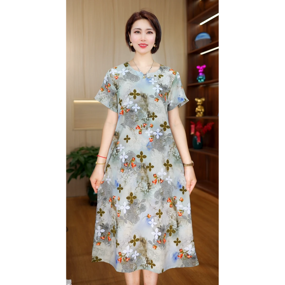 A-25385时尚宽松显瘦连衣裙立领四叶雅宝