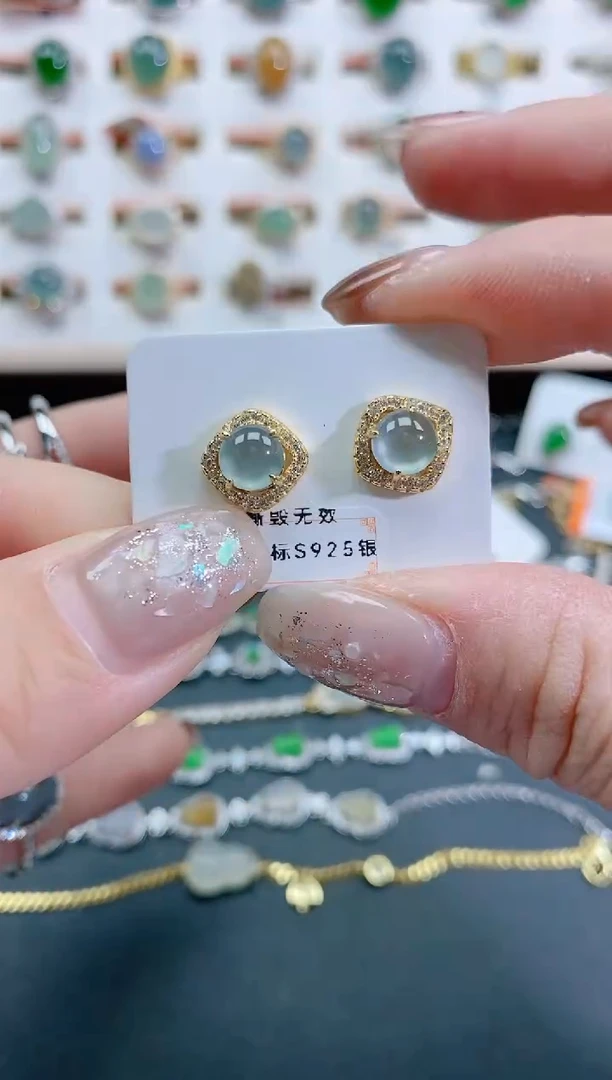银S925镶嵌翡翠耳饰天然翡翠
