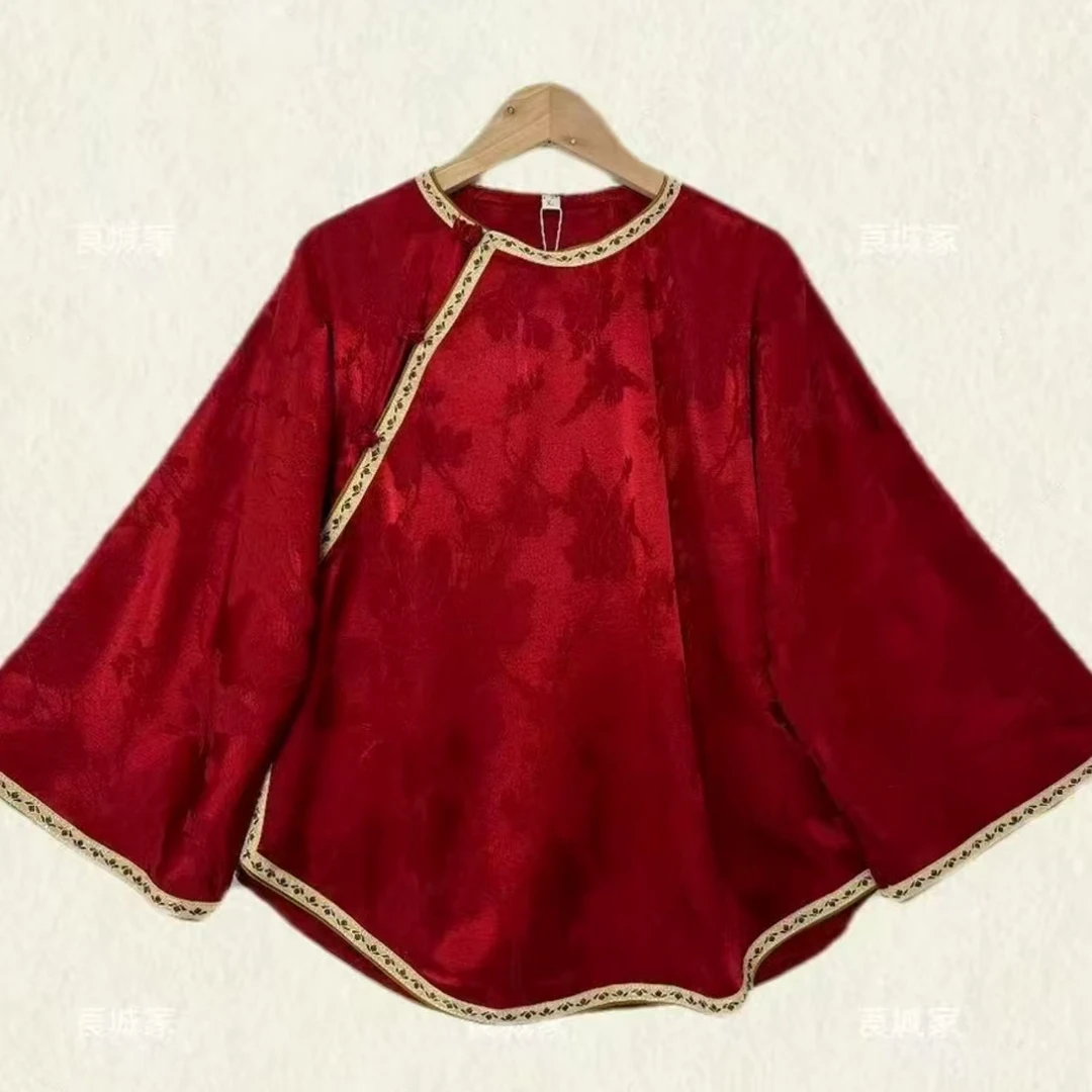 蚕丝提花高级雾紫斜襟圆领设计师新款衬衫打底185