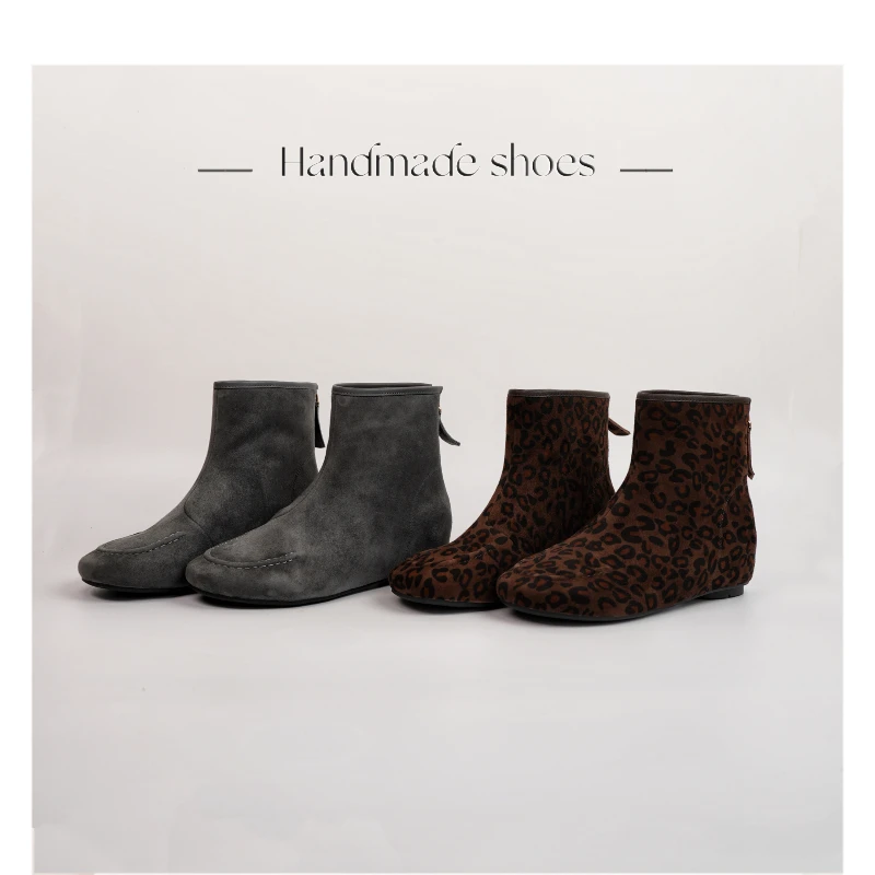 【Dhh】内增高4cm•羊反皮•圆头秋冬洋气短靴女及踝靴豹纹百搭瘦瘦靴