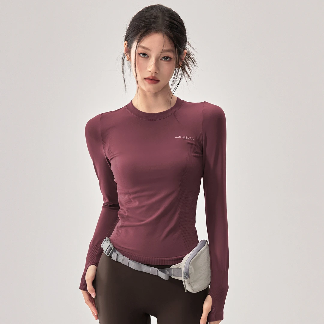 健身女孩圆领瑜伽服修身显瘦运动上衣普拉提速干T恤跑步训练长袖