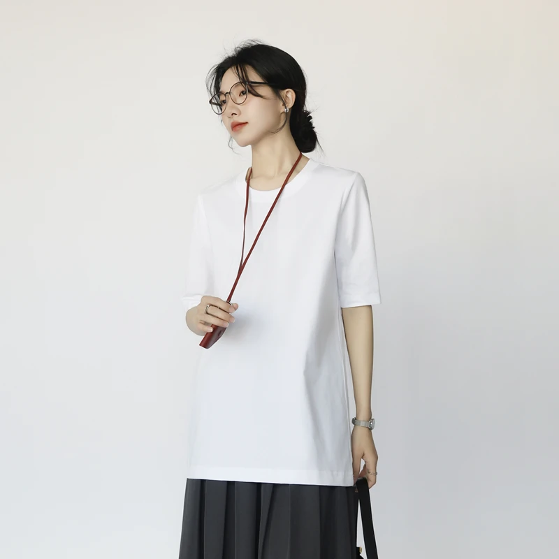 长款t恤遮屁股女圆领五分中袖棉质宽松休闲显瘦叠穿中长款打底衫