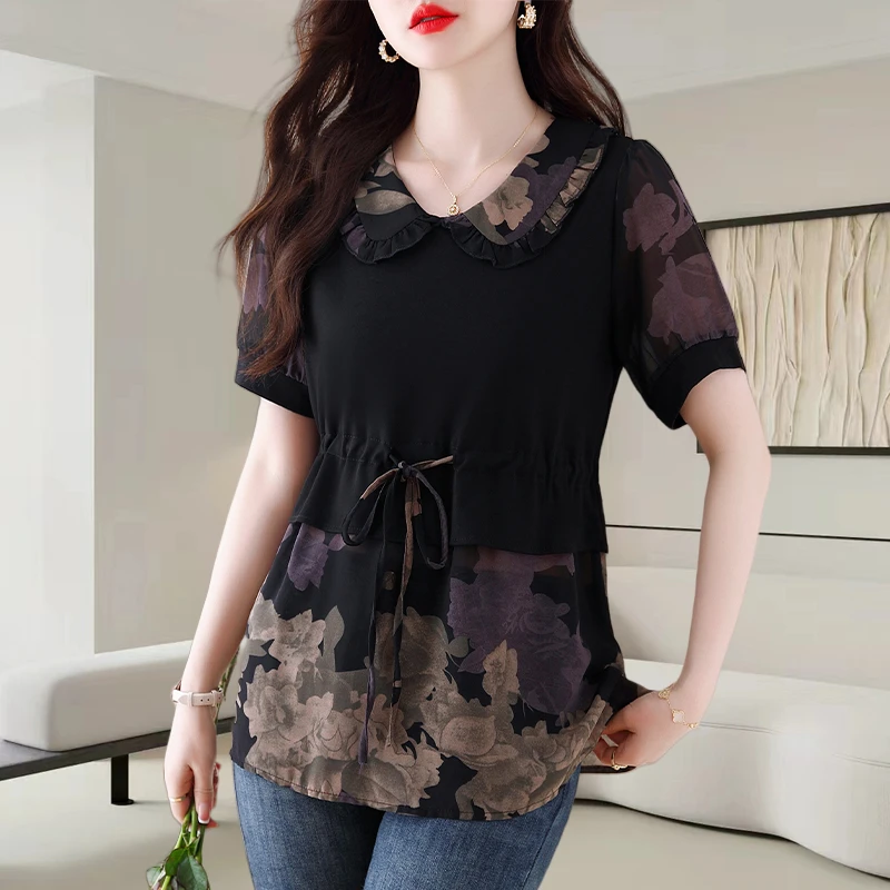 时尚假两件短袖雪纺小衫女2025夏季新款洋气减龄宽松遮肚显瘦上衣