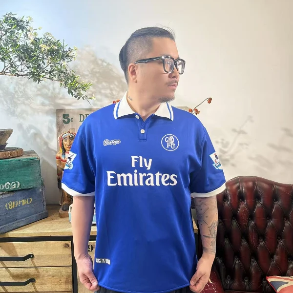 现货-切尔西蓝色短袖足球服夏季休闲运动美式速干刺绣印花