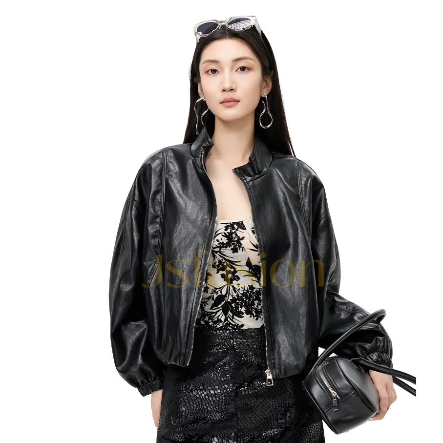 25年秋立领皮衣水洗皮简约短款百搭秋季黑色拉链韩版设计师立领