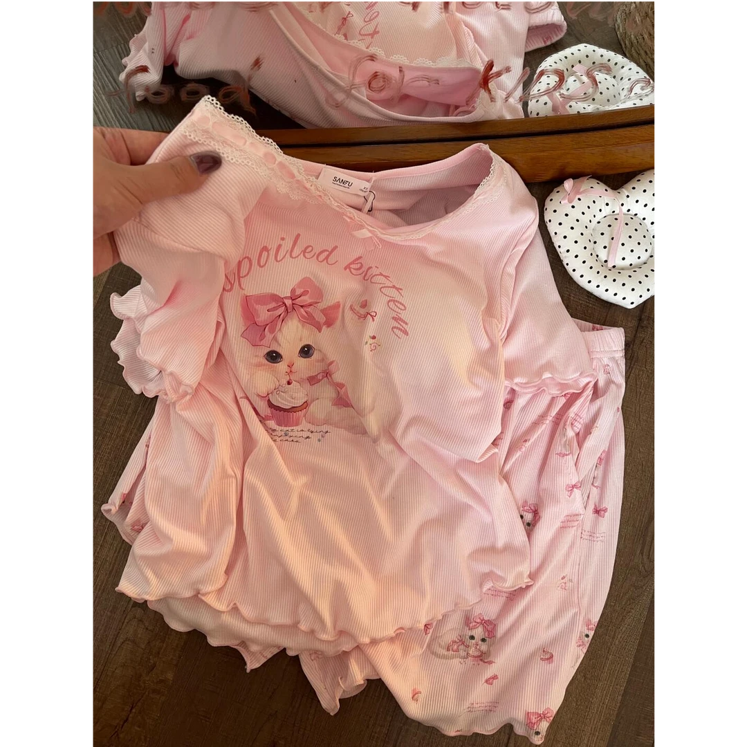 甜美少女可爱猫咪带胸垫睡衣女夏2025新款短袖短裤家居服套装外穿