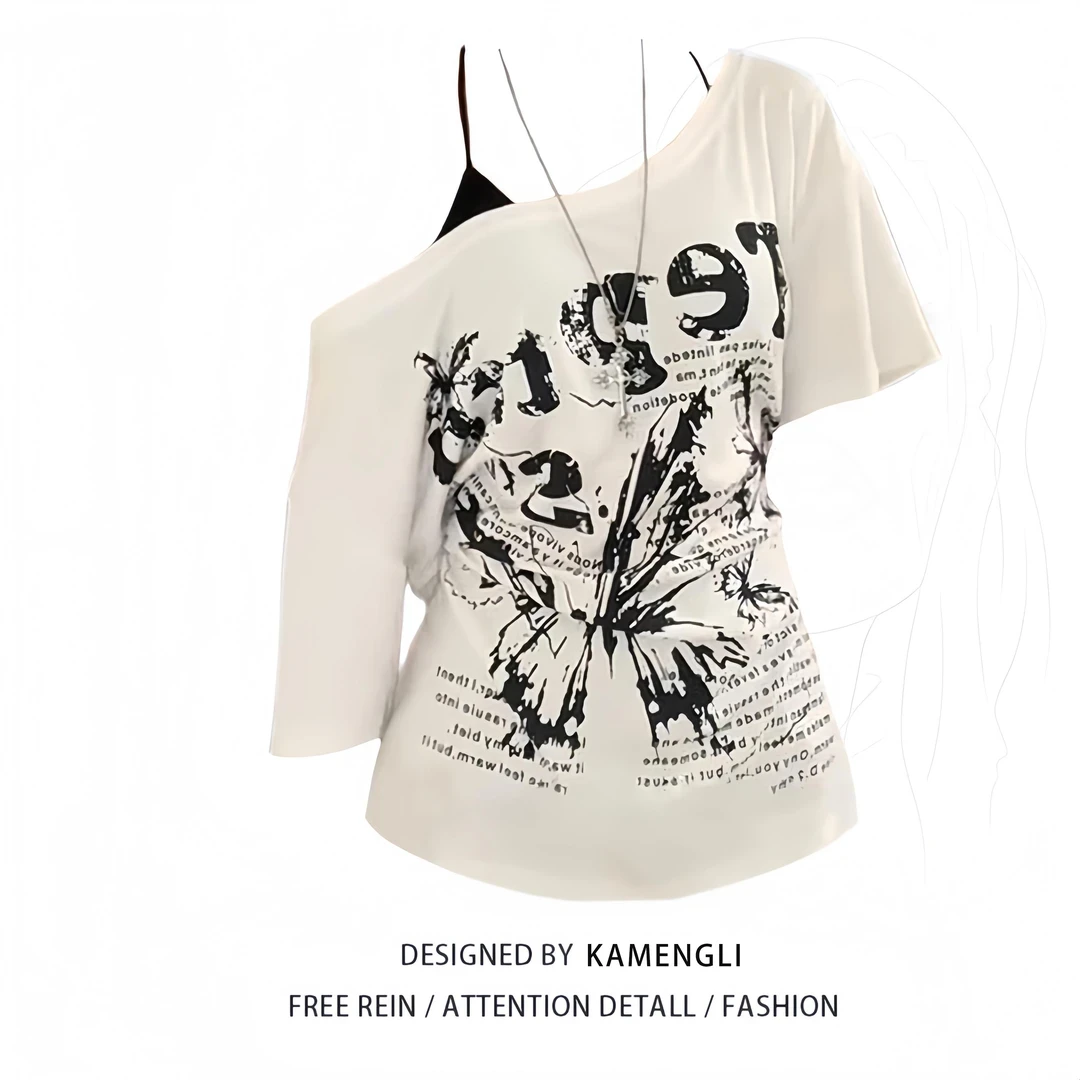 大码女装微胖mm美式复古斜肩短袖t恤女夏季纯欲辣妹宽松休闲上衣