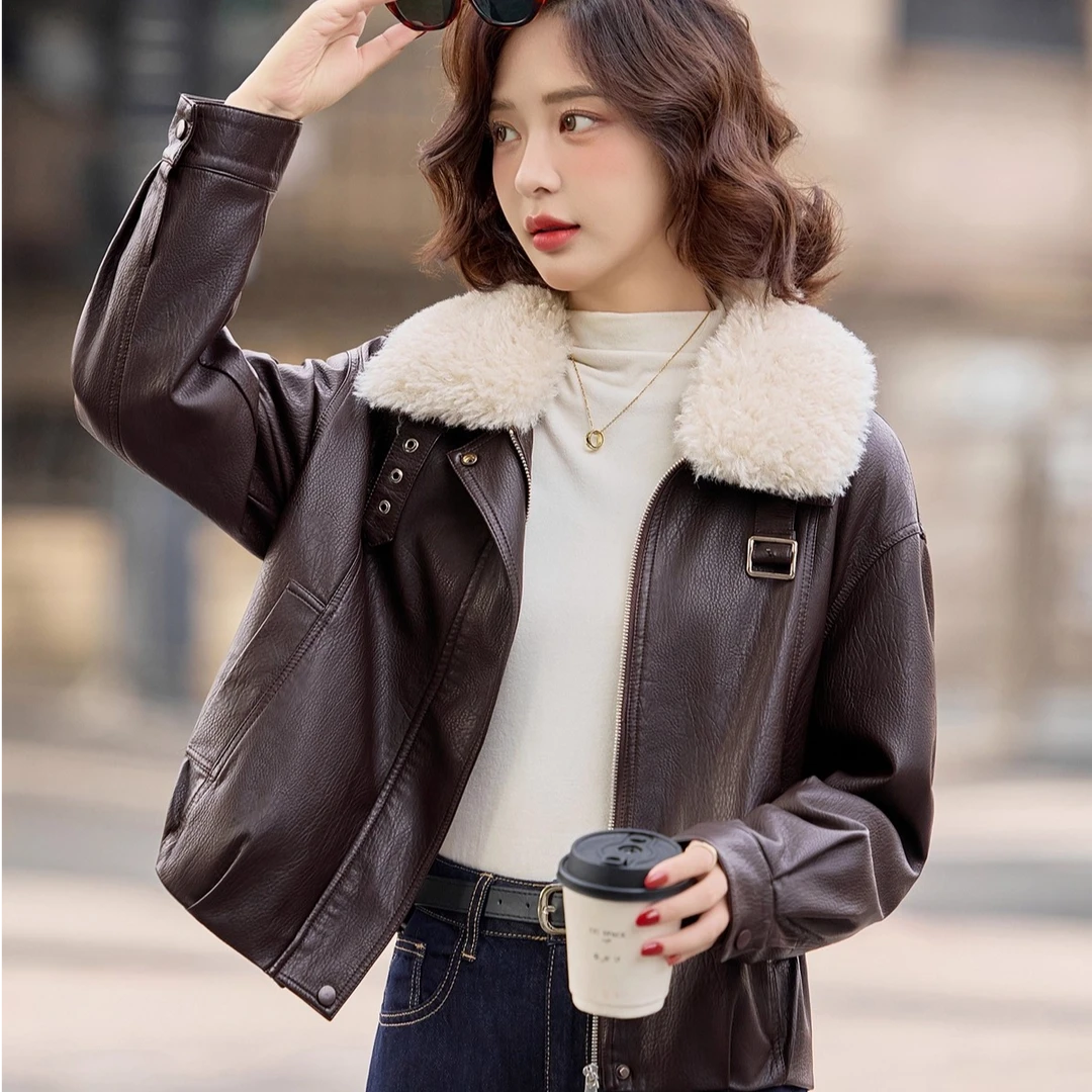 哥弟阿玛施官方正品加绒加厚绵羊皮皮衣外套女美拉德风冬季皮夹克