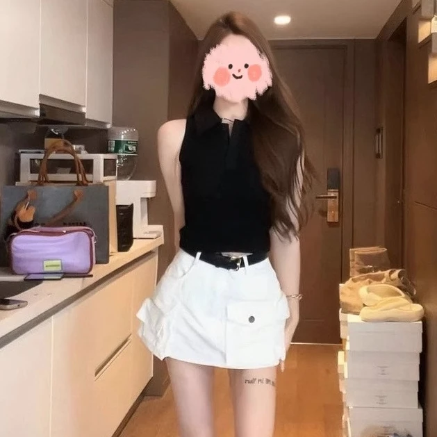 时尚洋气韩系POLO领修身无袖背心夏季新款显瘦工装牛仔短裙裤套装