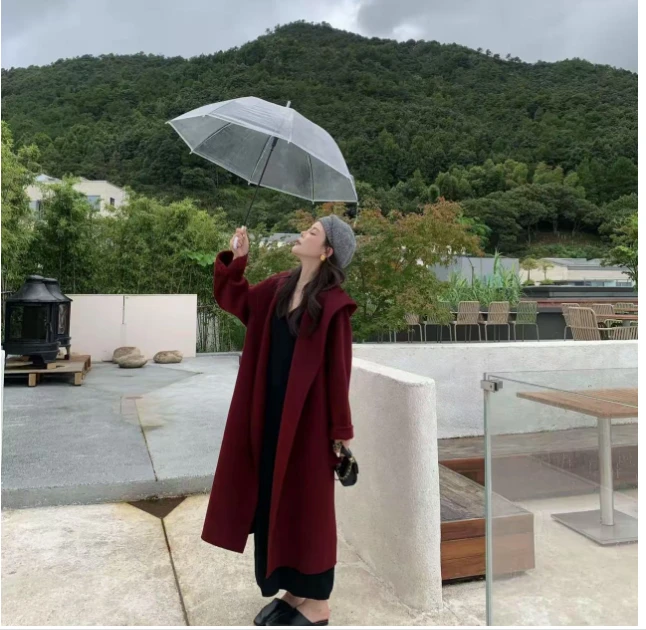 25韩版秋冬长款防风女慵懒常规厚款毛呢外套带帽宽松落肩袖百搭