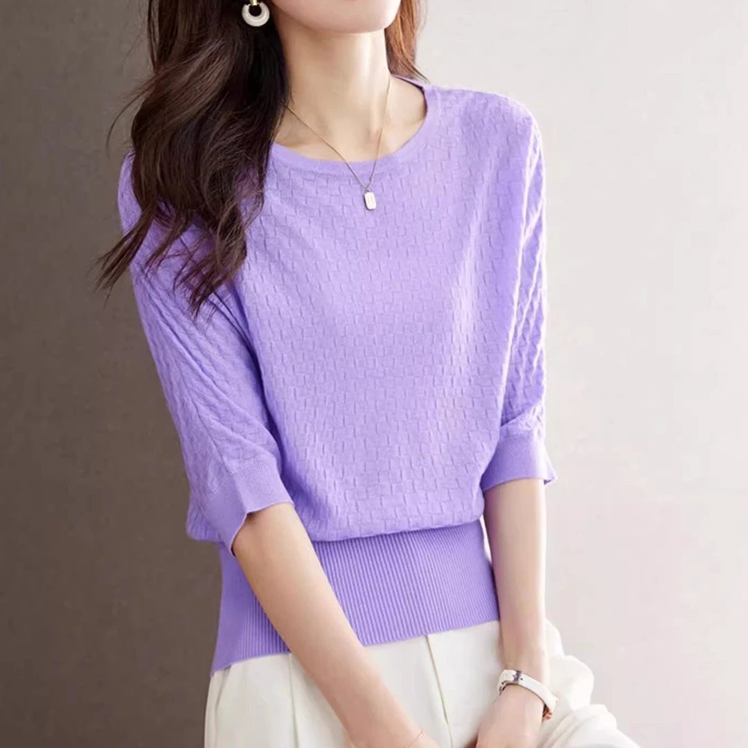 冬季宽松纯色针织套头衫羊毛混纺薄款七分袖女装毛衣不褪色常规款