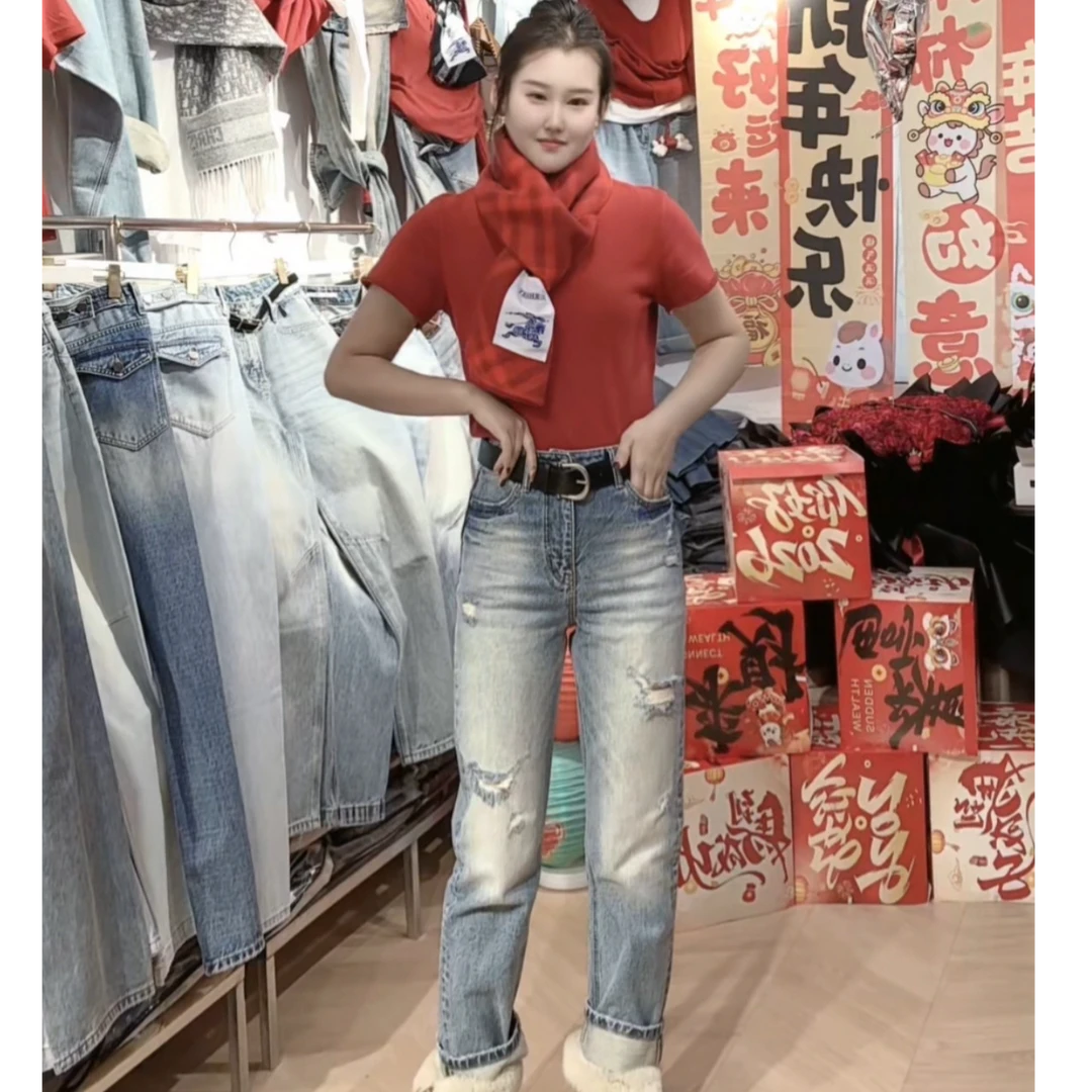 2025新款欧版设计师款显瘦百搭牛仔裤破洞九分57039-2