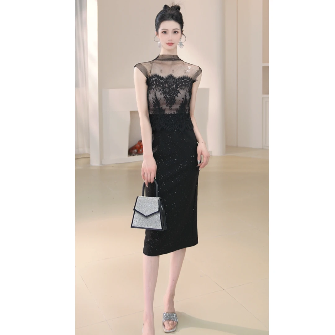 21828气质高贵显瘦轻奢夏季黑色名媛宴会设计师优雅修身连衣裙