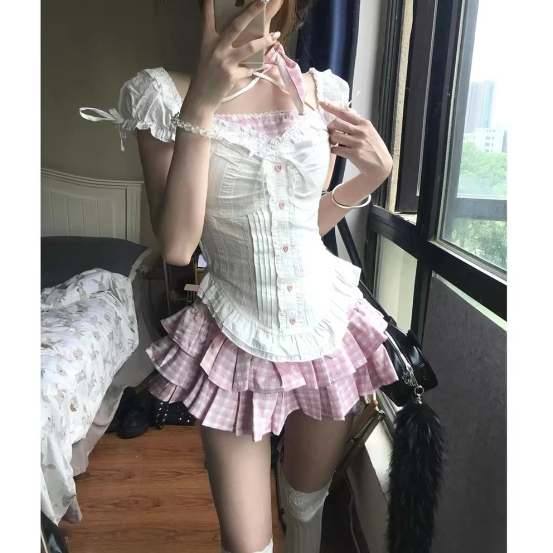 甜美学院风少女穿搭一整套衬衫上衣粉色蛋糕短裙两件套夏