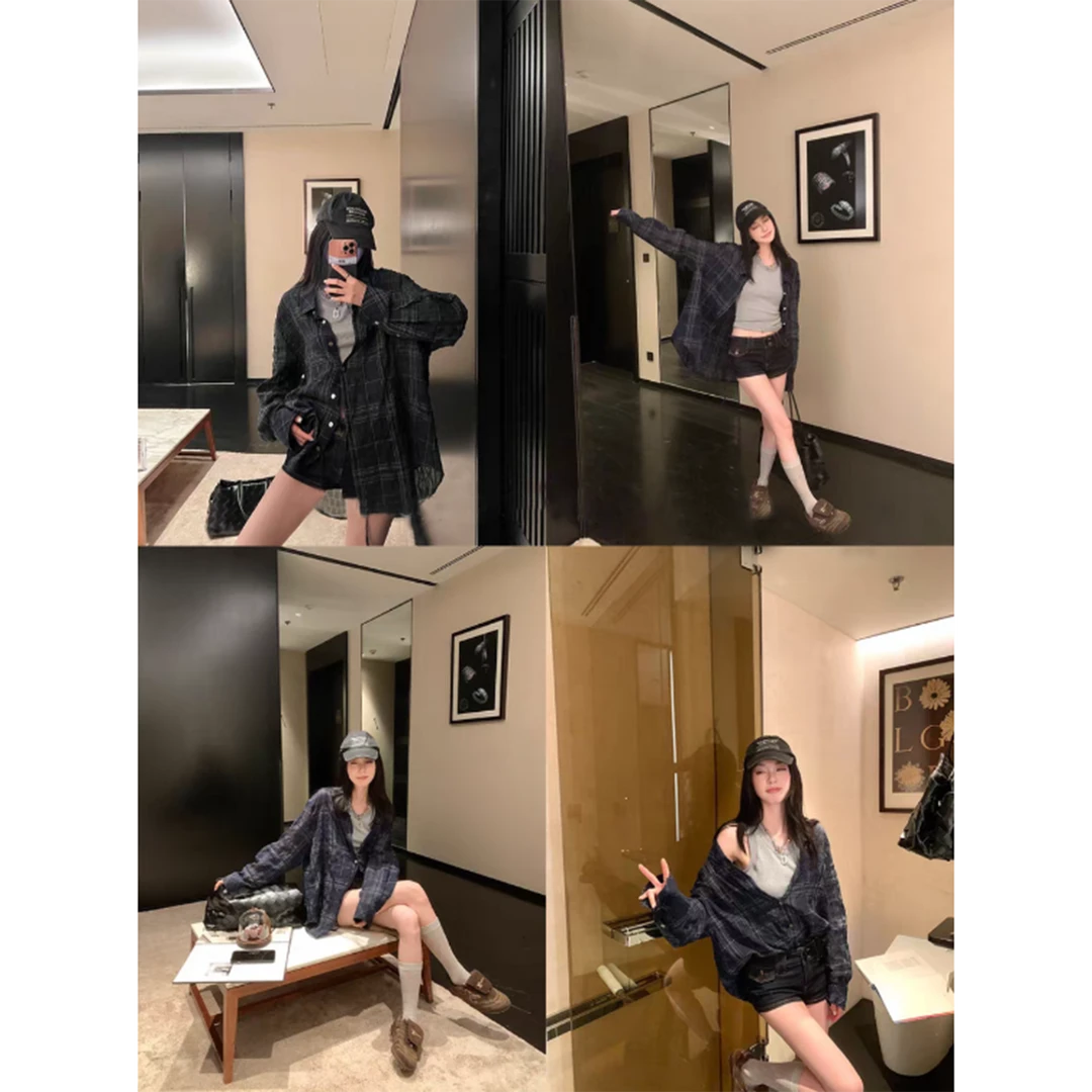 【私服痞衫】格子轻薄显瘦长袖两穿衬衫C 8921#