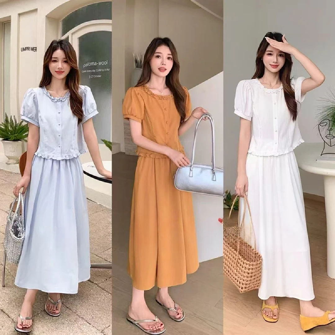 2025女夏装时尚圆领短袖衬衫松紧腰中长款半身裙两件套HJ-2104