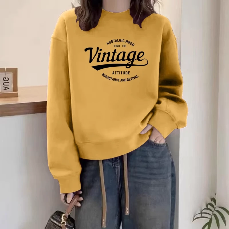 圆领套头打底衫加绒加厚卫衣女2025春秋季新款宽松韩版潮情侣外套