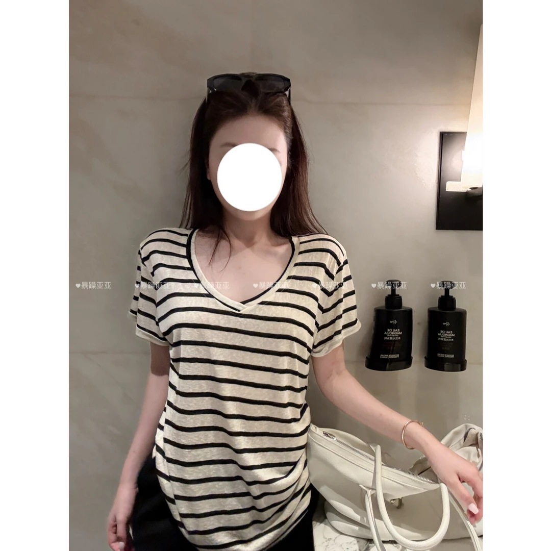 复古黑白撞色V领条纹短袖宽松显瘦T恤黑色抽绳松紧腰短裤子套装女