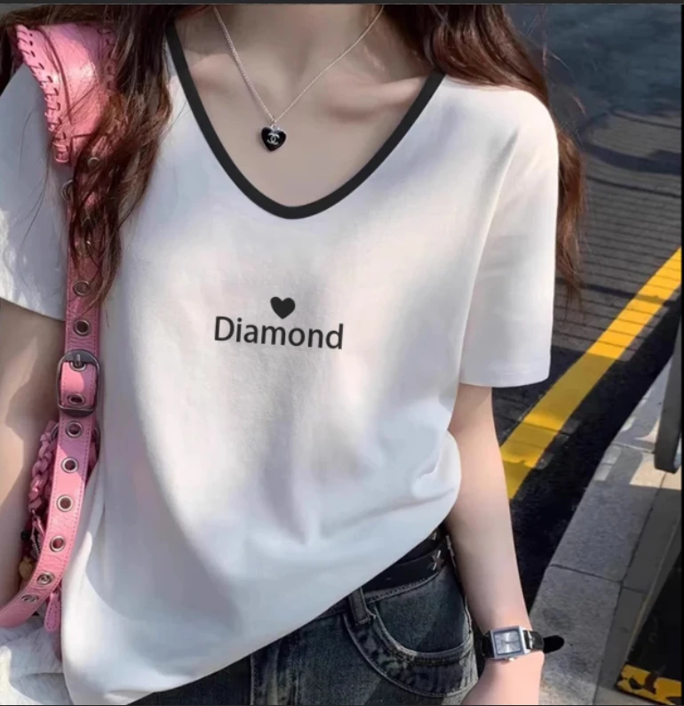 2025新款爆款大码百搭宽松92棉V领夏季正肩短袖t恤女微胖显瘦上衣