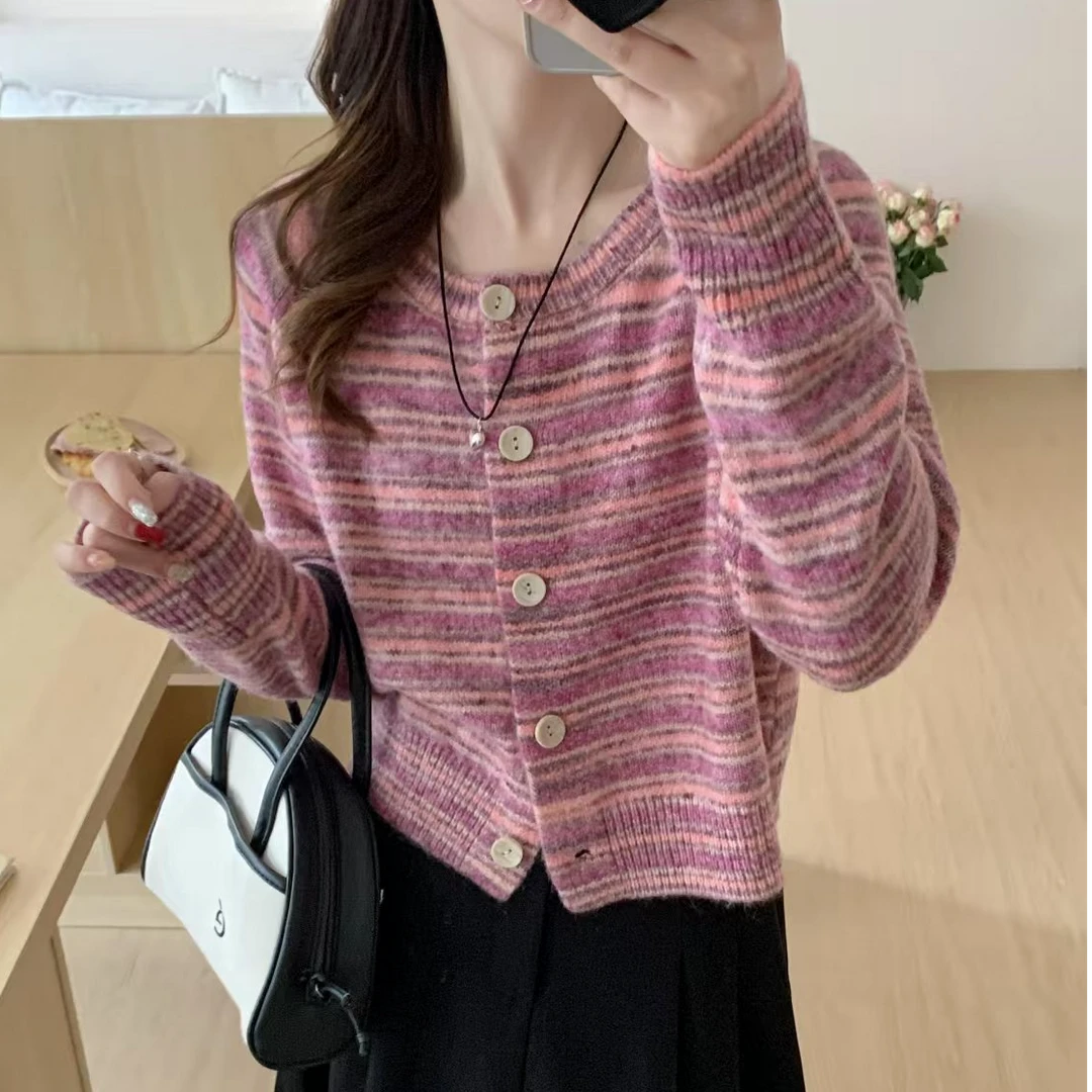 轻奢羊毛宽松彩虹条纹开衫女毛衣针织衫外套显瘦轻柔圆领毛茸茸仙