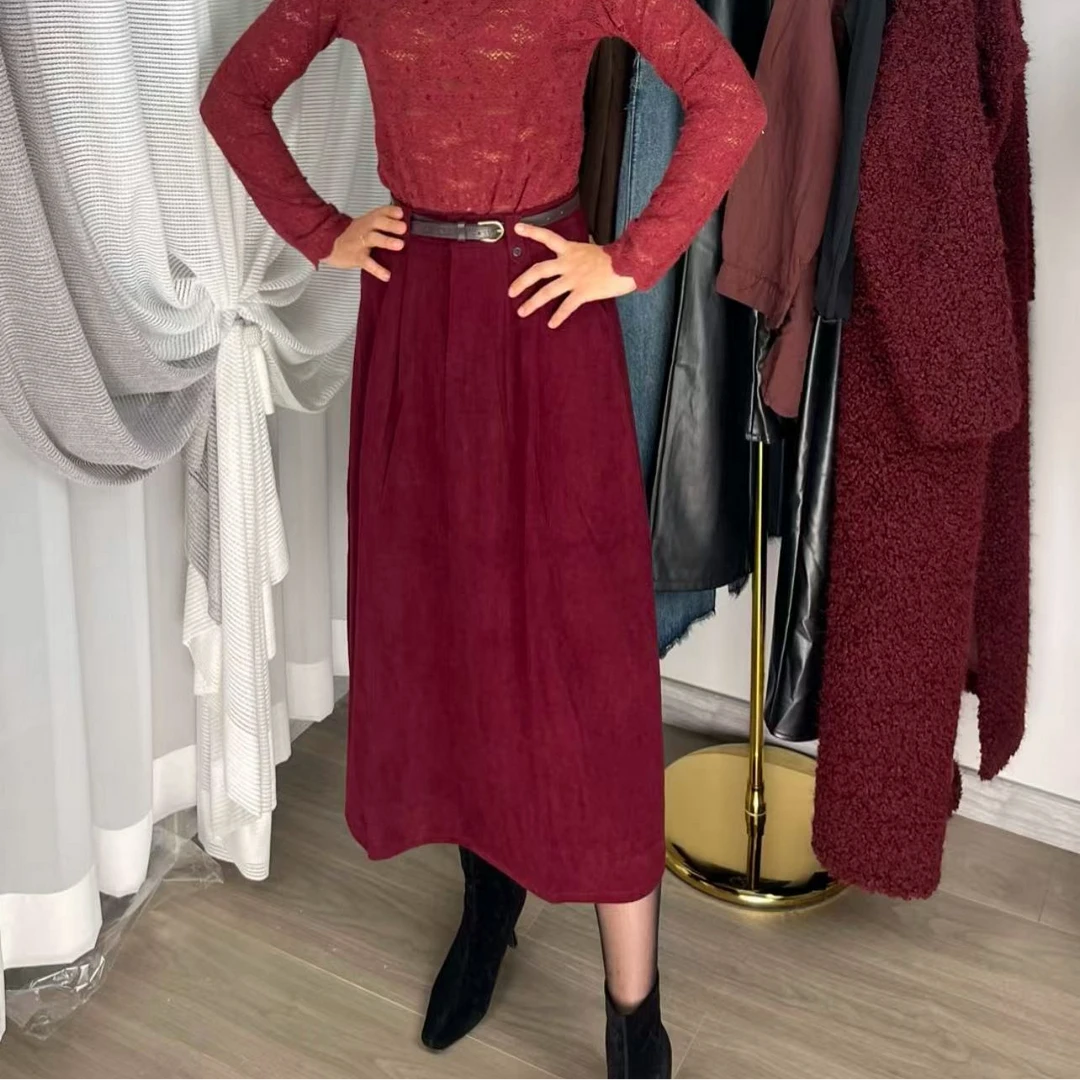 半裙气质显瘦百搭休闲秋冬时尚长款冬季网红长袖打底复古红色ins