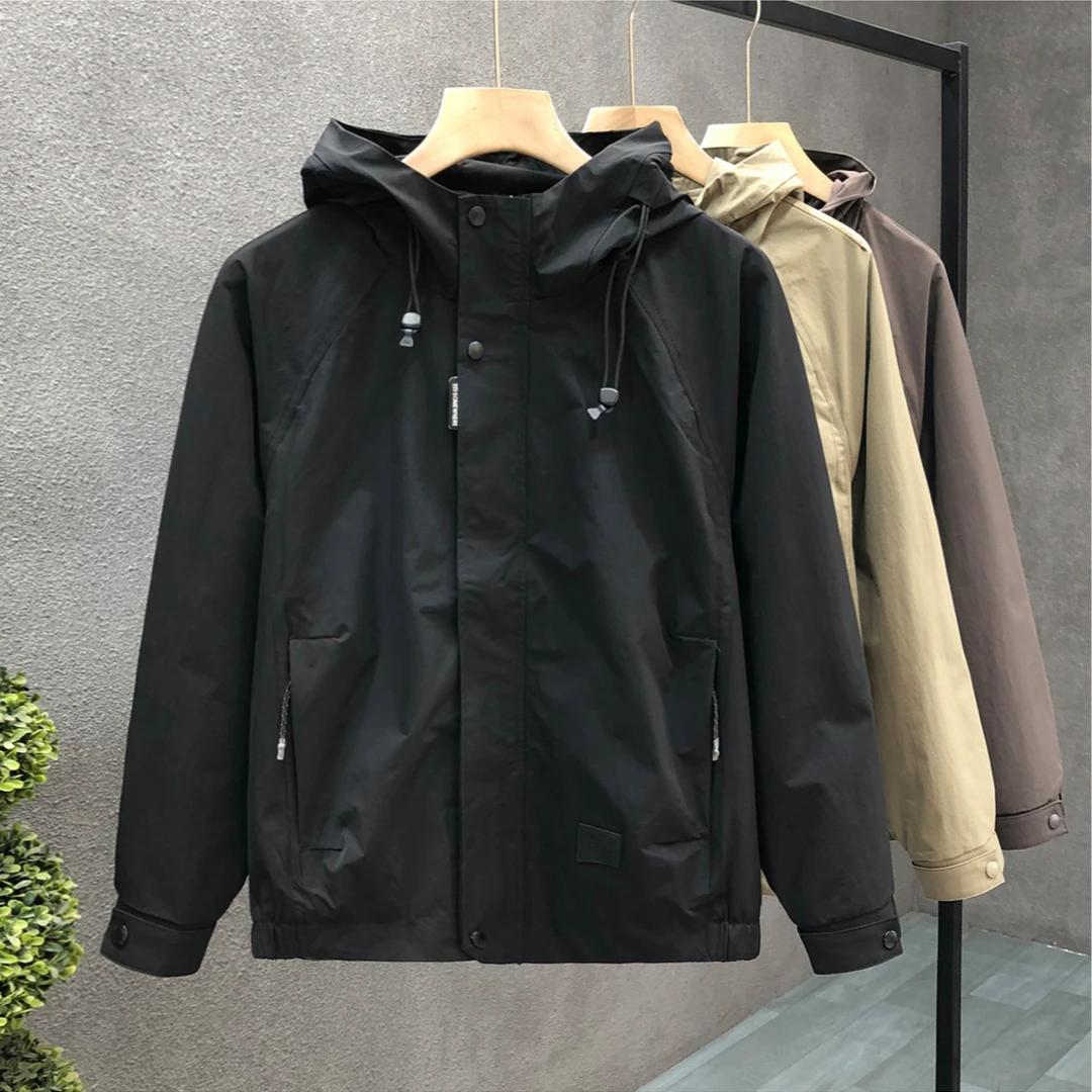 梦泡官方流行休闲连帽冲锋衣外套男2025秋季美男加绒男款机车皮衣