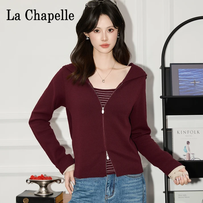 拉夏贝尔条纹上衣毛打底衫春秋针织连帽针织衫秋冬百搭开衫款新款