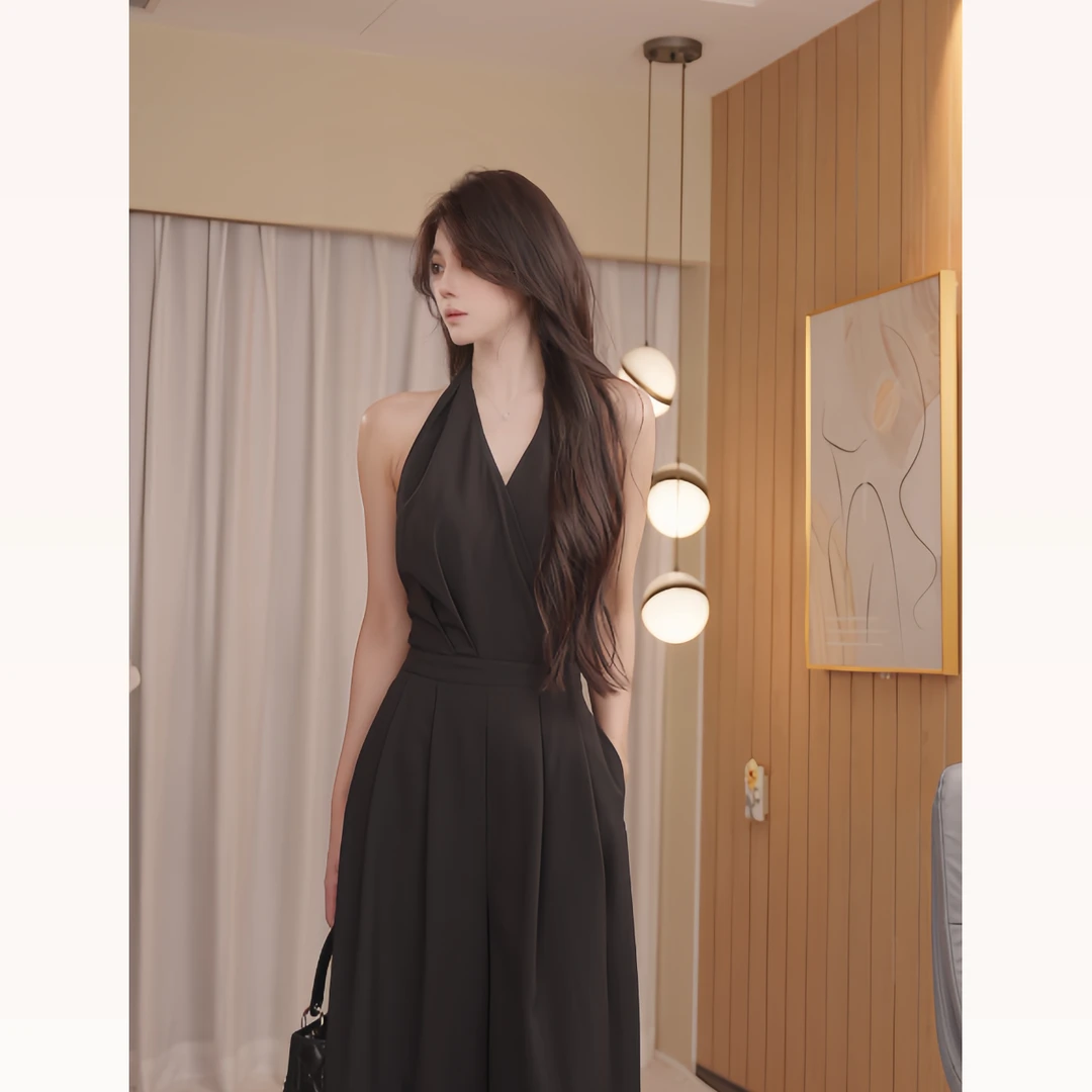 夏季凉感 v领挂脖无袖连体裤休闲体裤显瘦收腰阔腿黑色裤57108