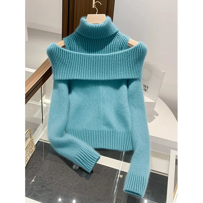 法式轻熟风设计感纯色假两件针织衫女秋季新款露肩立领内搭打底衫