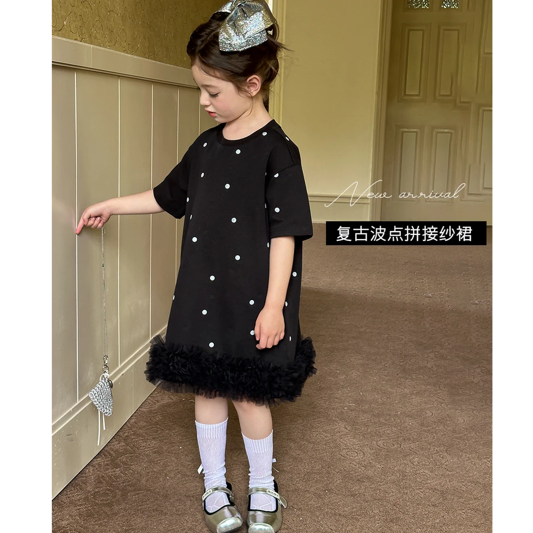 【现货清】女童圆点短袖公主裙儿童甜美波点网纱拼接连衣裙25C152