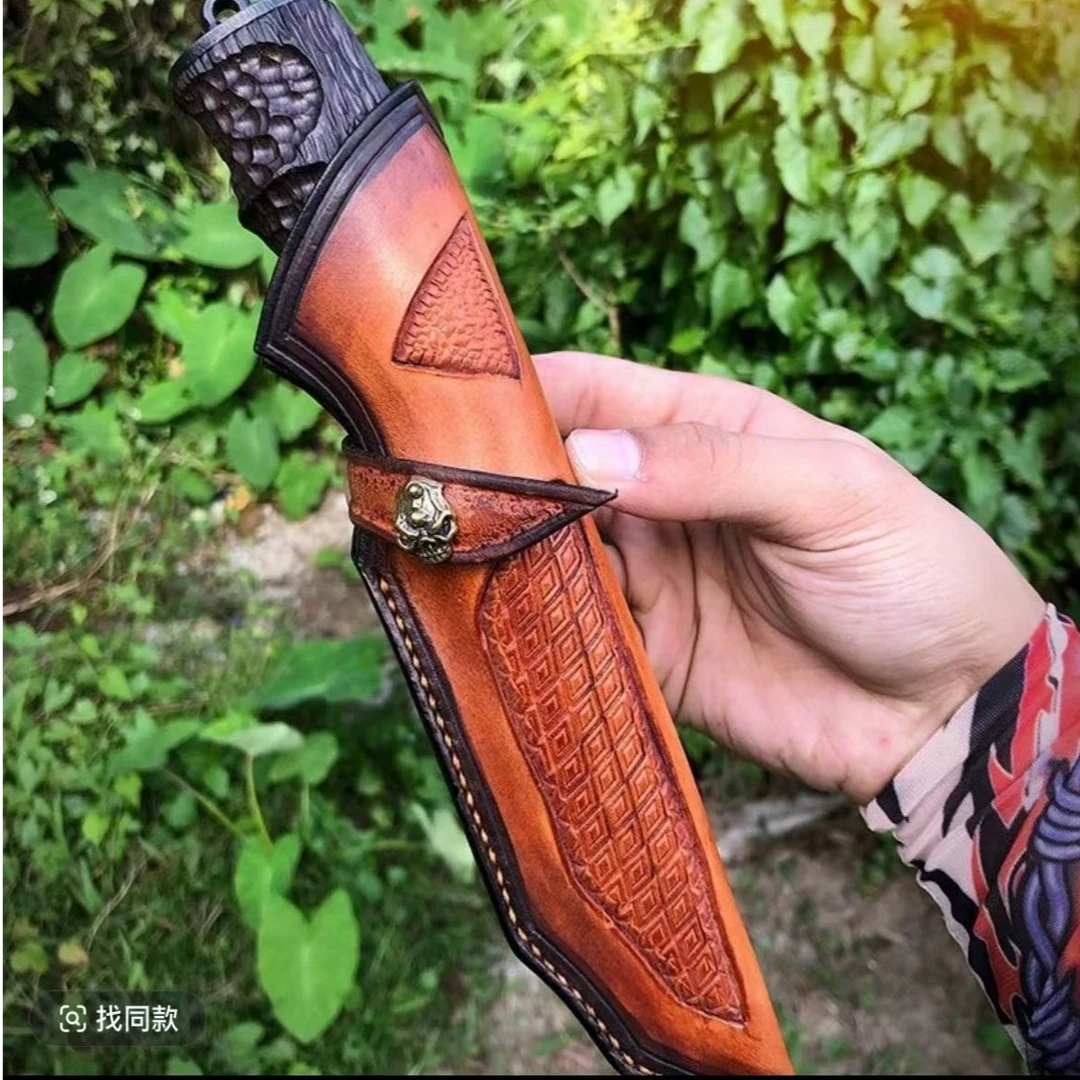 大马士革鲨鱼刀纯手工黑檀木手柄户外刀具