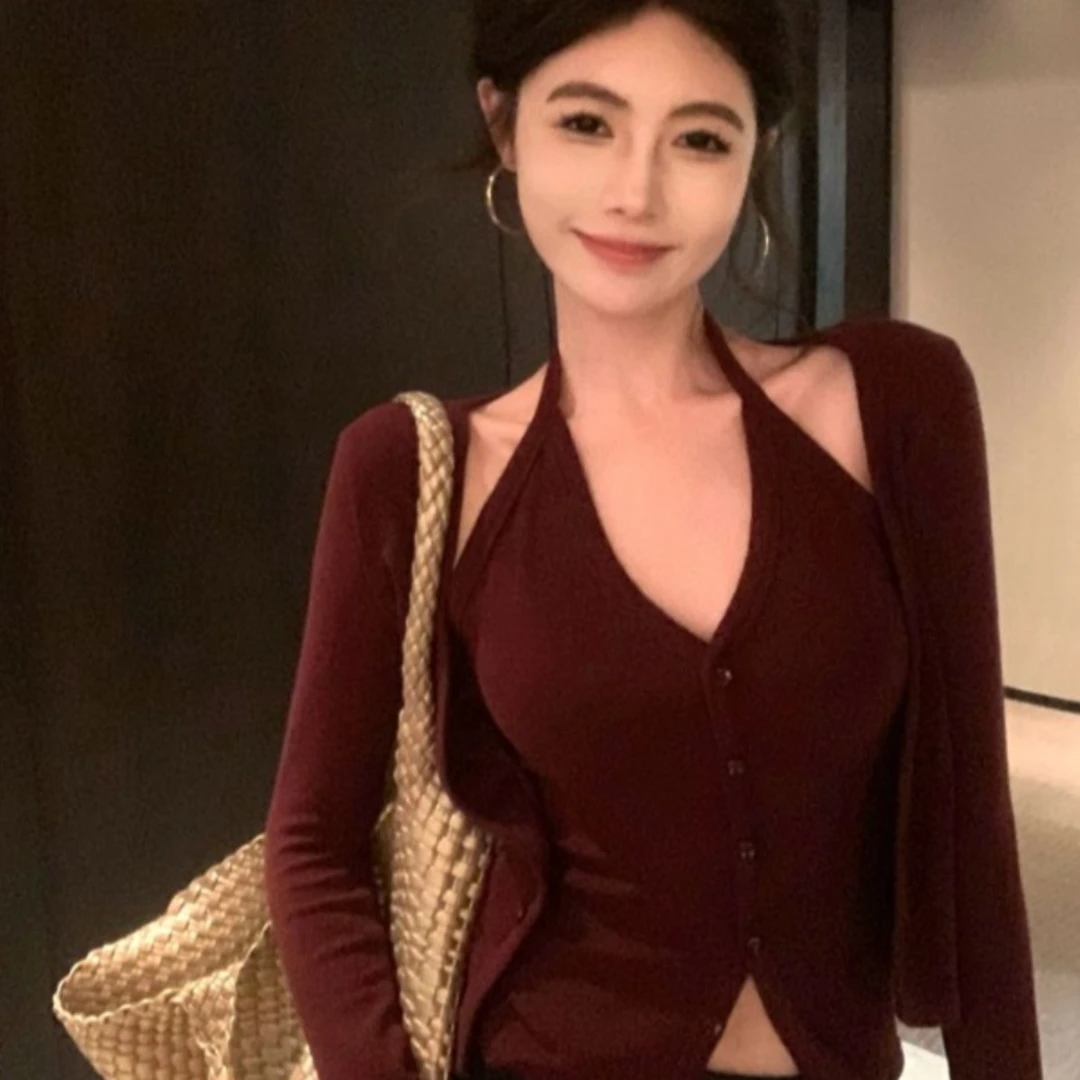 挂脖V领吊带设计感假两件上衣秋冬内搭辣妹独特小众气质打底开衫