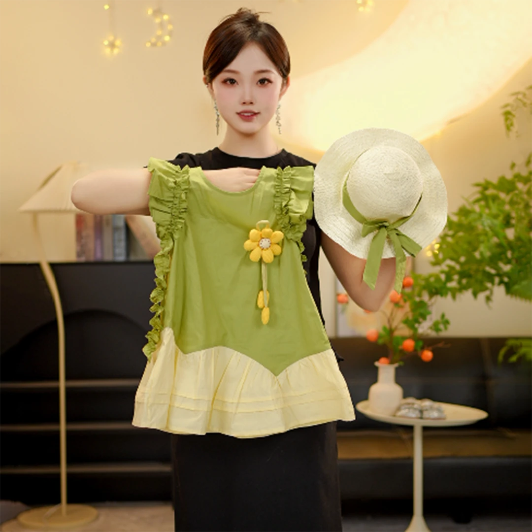 【XX绿韵花语】2025新款女童夏季无袖棉布裙小清新立体太阳花连衣裙