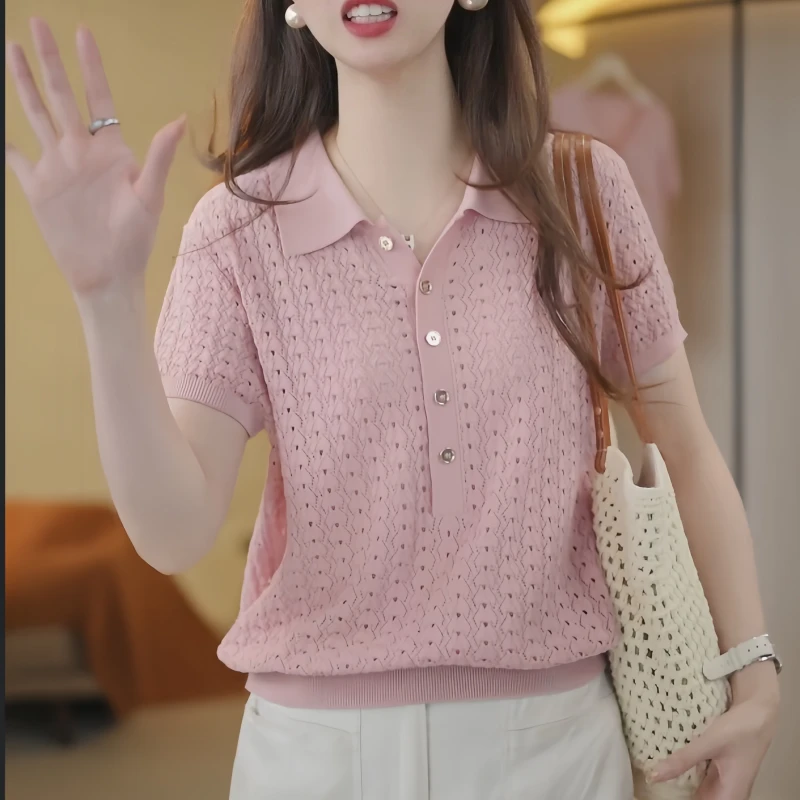 冰凉~透气夏季新款中年女装镂空翻领短袖宽松套头针织短袖上衣