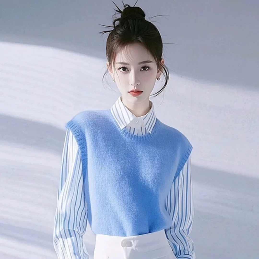 春装女款2025年新款条纹衬衫叠穿马甲高级感轻奢减龄洋气小众上衣