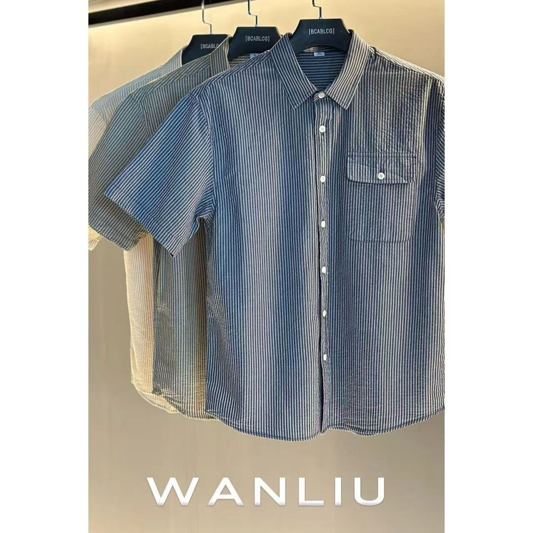WANLIU泡泡纱短袖条纹衬衫男夏季薄款山系竖条透气凉爽休闲外套