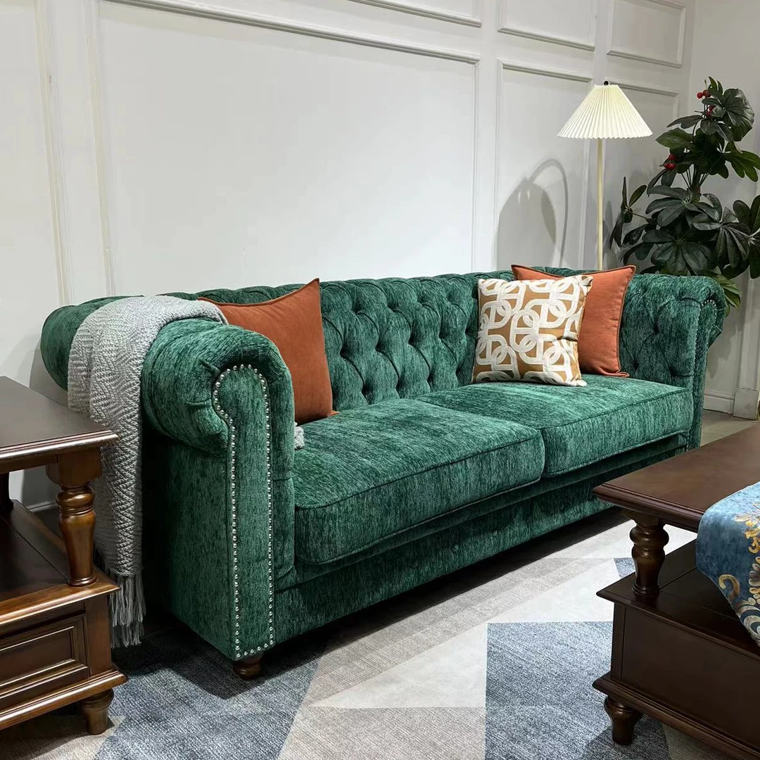 美式法式布艺沙发小户型客厅美式沙发直排家具雪尼尔绒拉扣沙发