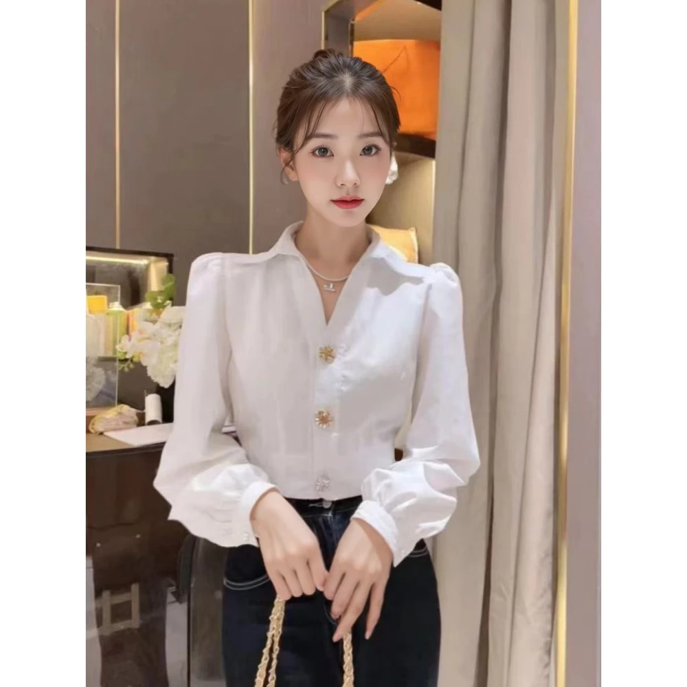 美爆了！三粒扣长袖衬衣女秋季轻奢高级感泡泡袖白衬衫设计感上衣