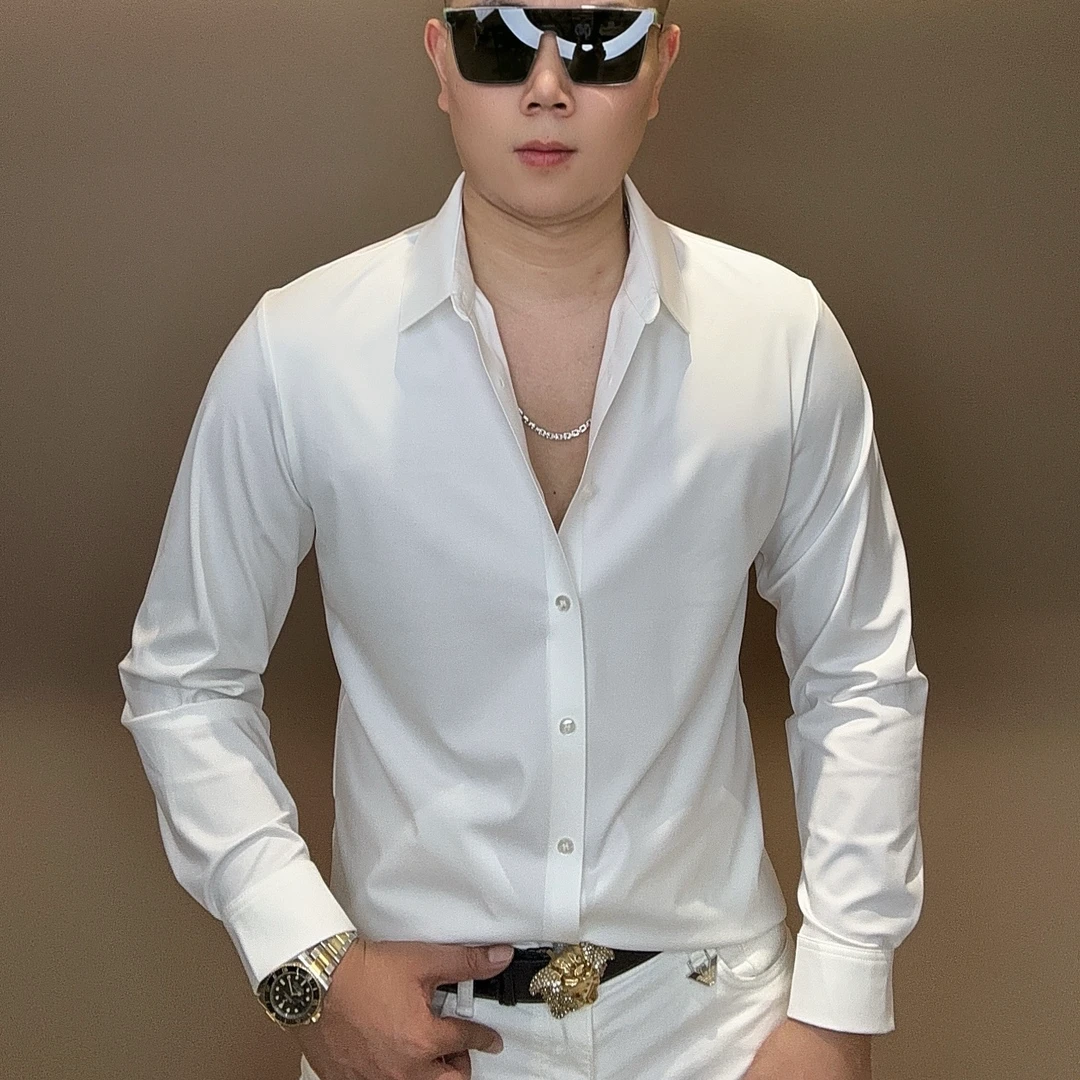 【泡面锅男装】男士时尚简约纯色百搭弹力无痕修身长袖衬衣 W07