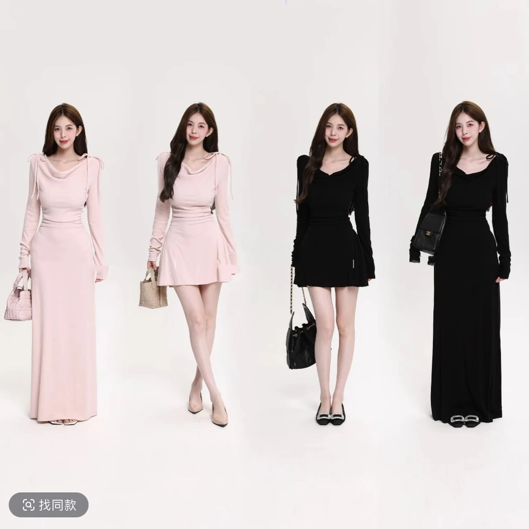 溪溪靓衫 秋日韩味一裙三穿 蝴蝶结荡领三穿抽褶弹力针织连衣裙女