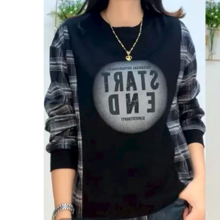 以直播间实物为准24363款时尚字母烫钻拼接格子长袖卫衣