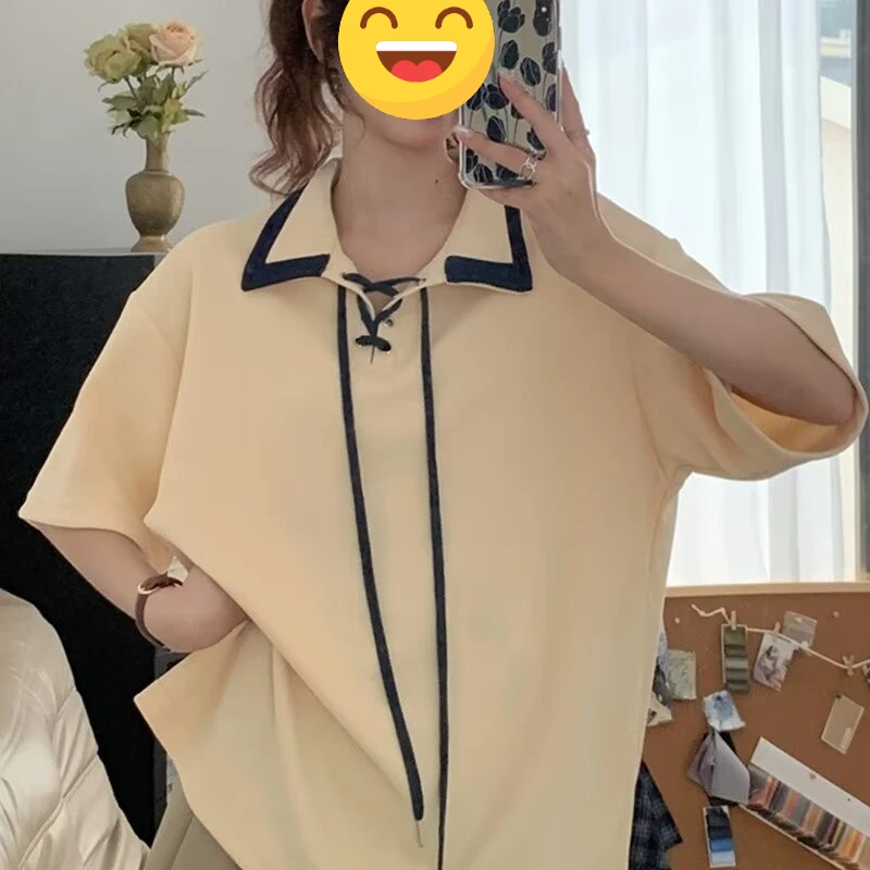 2024翻领爆款港风时尚百搭T恤女时尚百搭宽松休闲潮牌POLO衫上衣