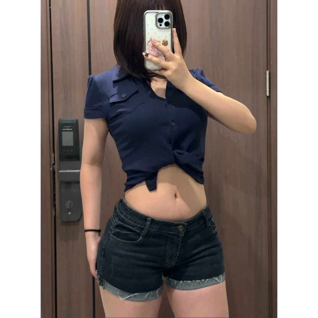 蓝色牛仔超短裤女夏季性感低腰卷边裤子美式热辣紧身包臀热裤外穿