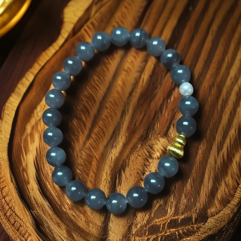 天然保真8mm左右和田玉烟紫圆珠设计款单圈手串手链