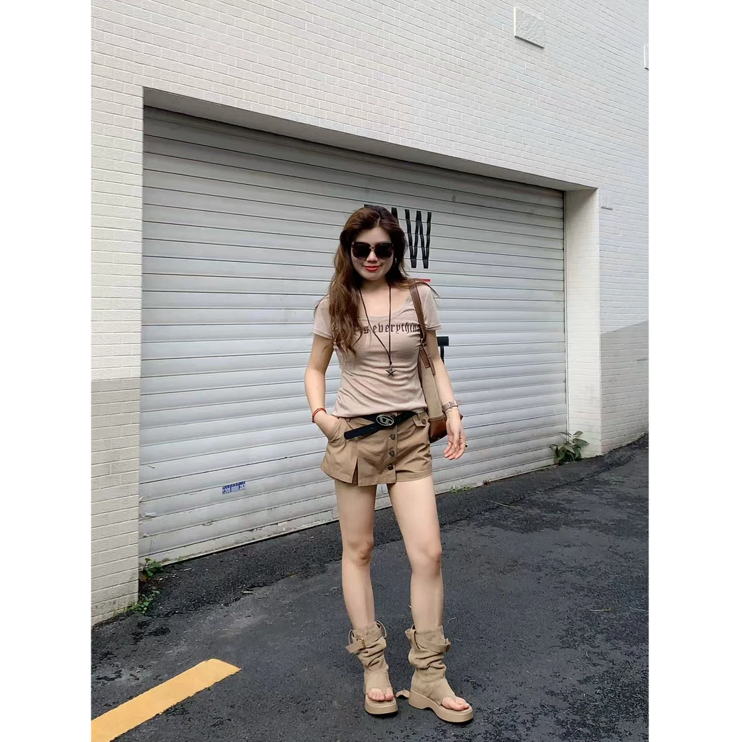 【现货】米米子“热辣出街”卡其洗水开衩牛仔短裤中腰时尚气质裙裤