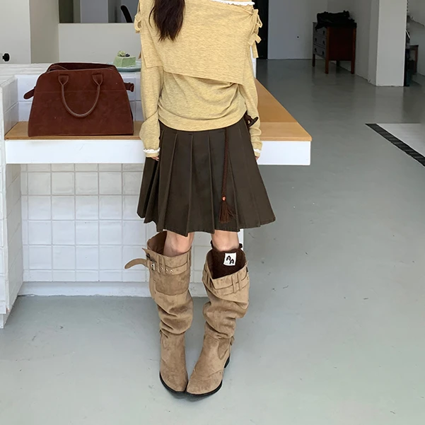 河岸家设计师AndAnything格纹拼接撞色仿牛仔百褶皮裙女25秋