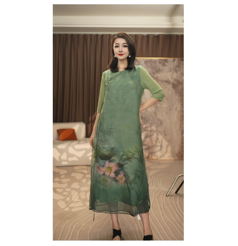 824142 春意盎然仙气飘飘百分百桑蚕丝连衣裙